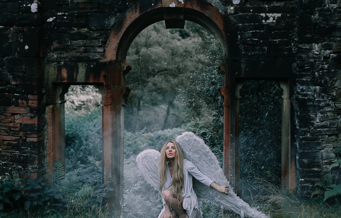 Photo wallpaper girl, castle, angel, ruins