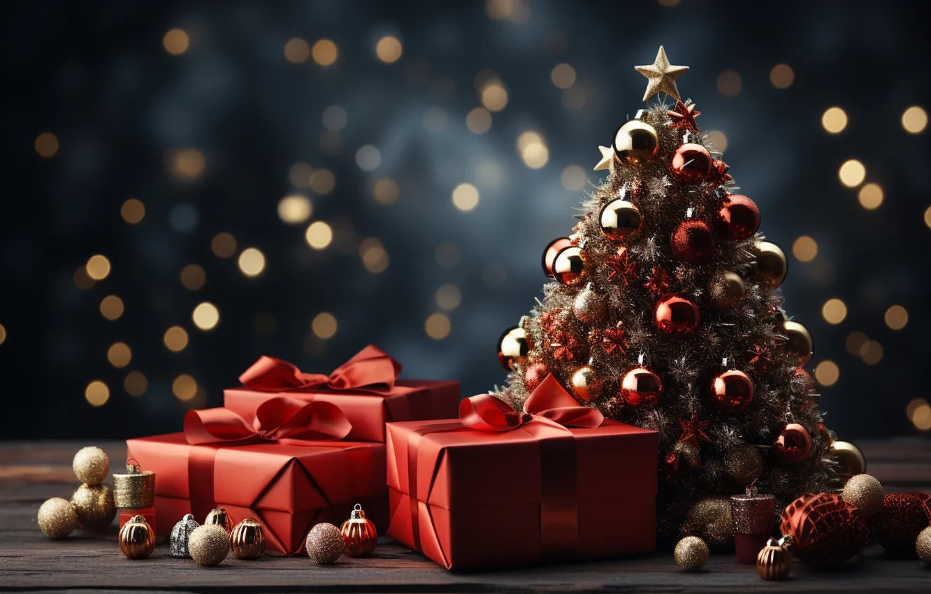 Photo wallpaper gift, tree, new year, Christmas, Christmas, tree, decoration, Gift Boxes