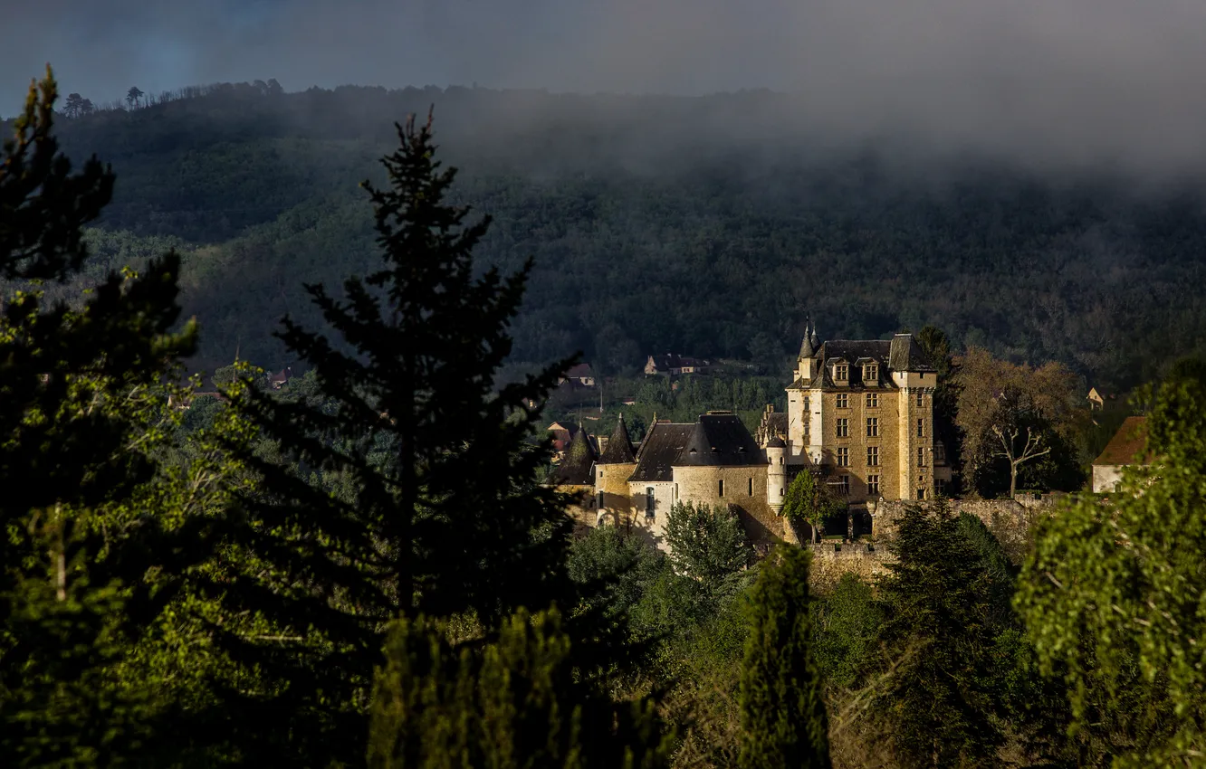 Photo wallpaper forest, mountains, castle, overcast, rocks, France, view, ate