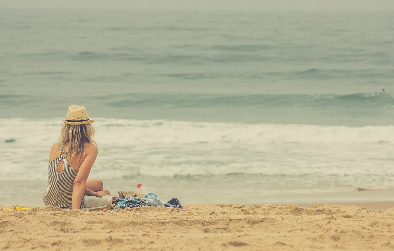 Photo wallpaper sea, beach, summer, girl, book, hat