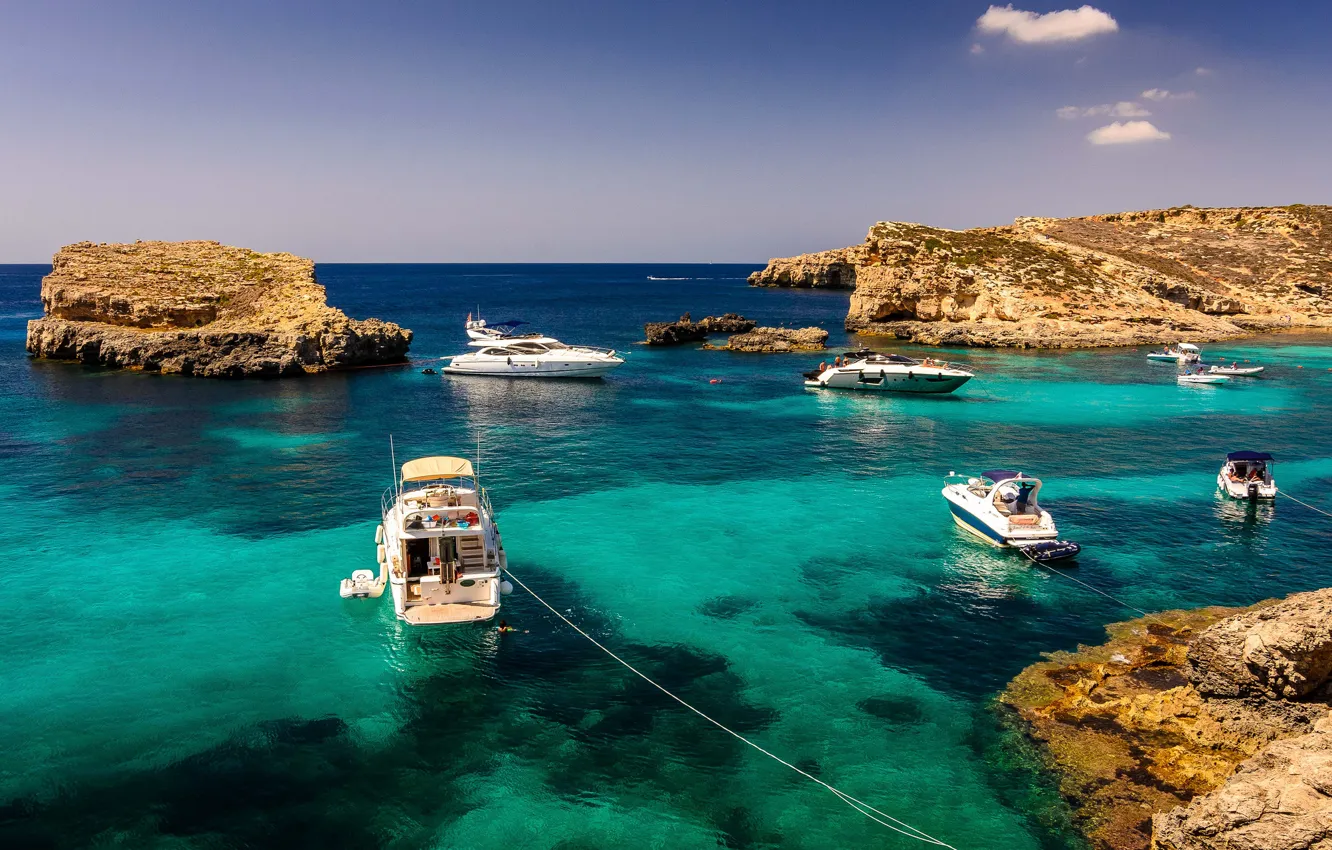 Photo wallpaper summer, the ocean, rocks, yacht, Malta