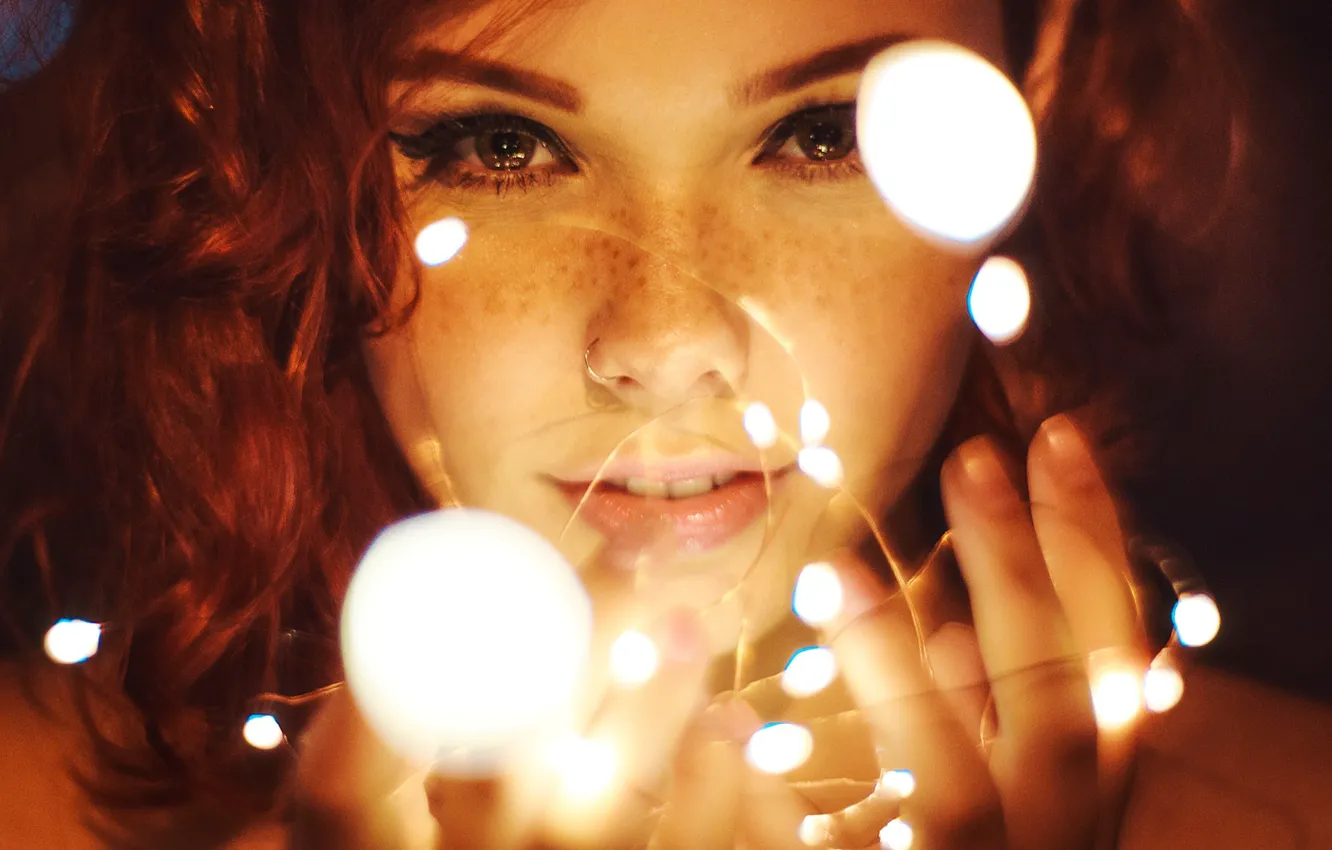 Photo wallpaper lights, girl, redhead, look, piercing, freckles, Matheus Bertelli