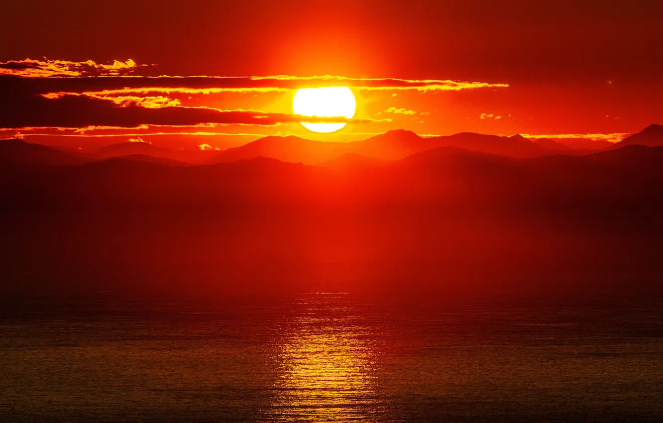Photo wallpaper sea, the sky, the sun, clouds, sunset, mountains, glow