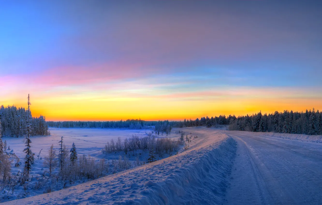 Photo wallpaper winter, road, the sky, snow, trees, sunset, spruce, hdr