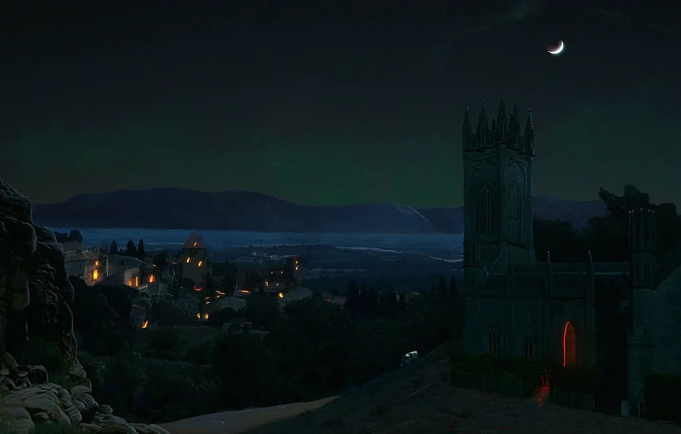 Photo wallpaper night, fire, fortress