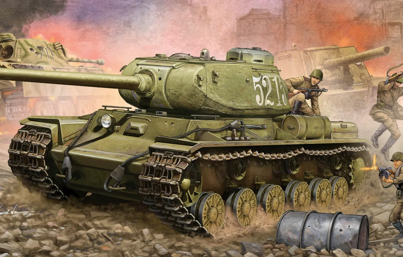 Photo wallpaper Figure, Tank, Soviet, Heavy, Infantry, The KV-85, D-5T, Landing