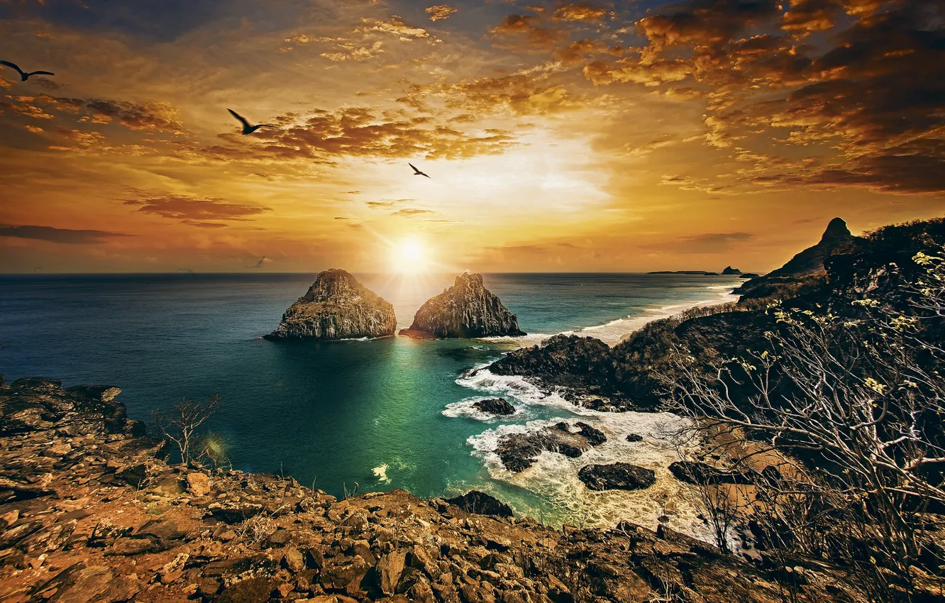Photo wallpaper sunset, the ocean, rocks, coast, Brazil, Brazil, The Atlantic ocean, Atlantic Ocean