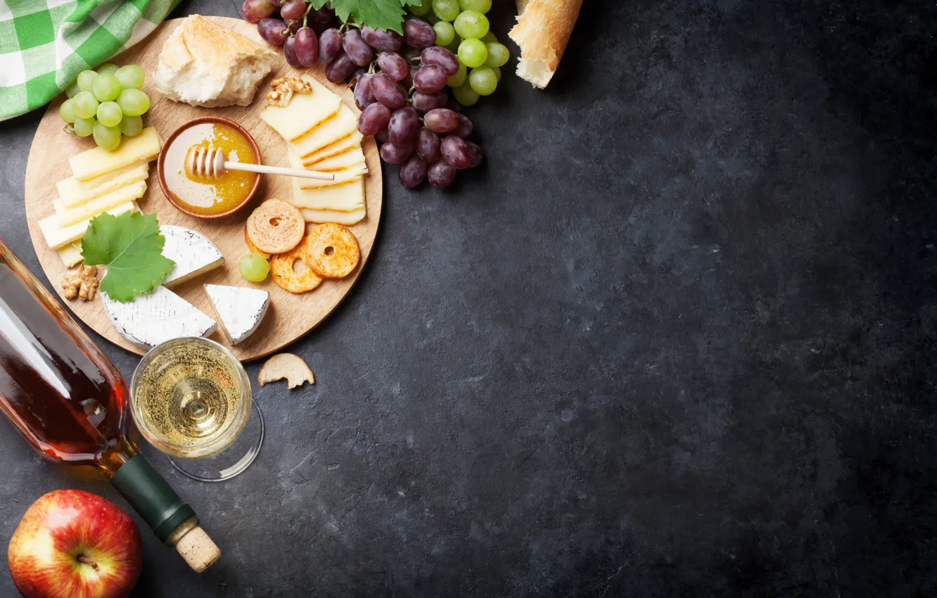 Photo wallpaper wine, Apple, cheese, honey, grapes, Board