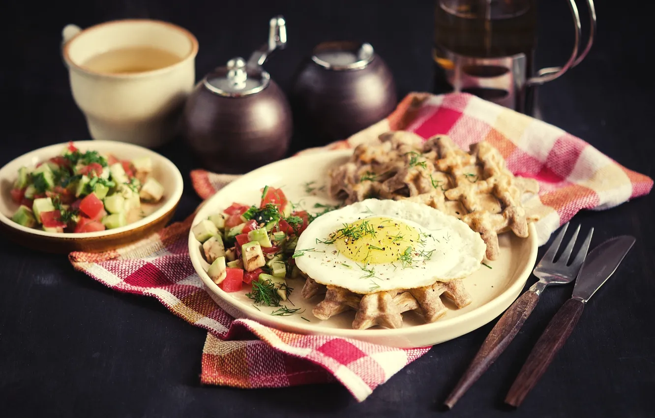 Photo wallpaper tea, Breakfast, scrambled eggs, waffles, salad