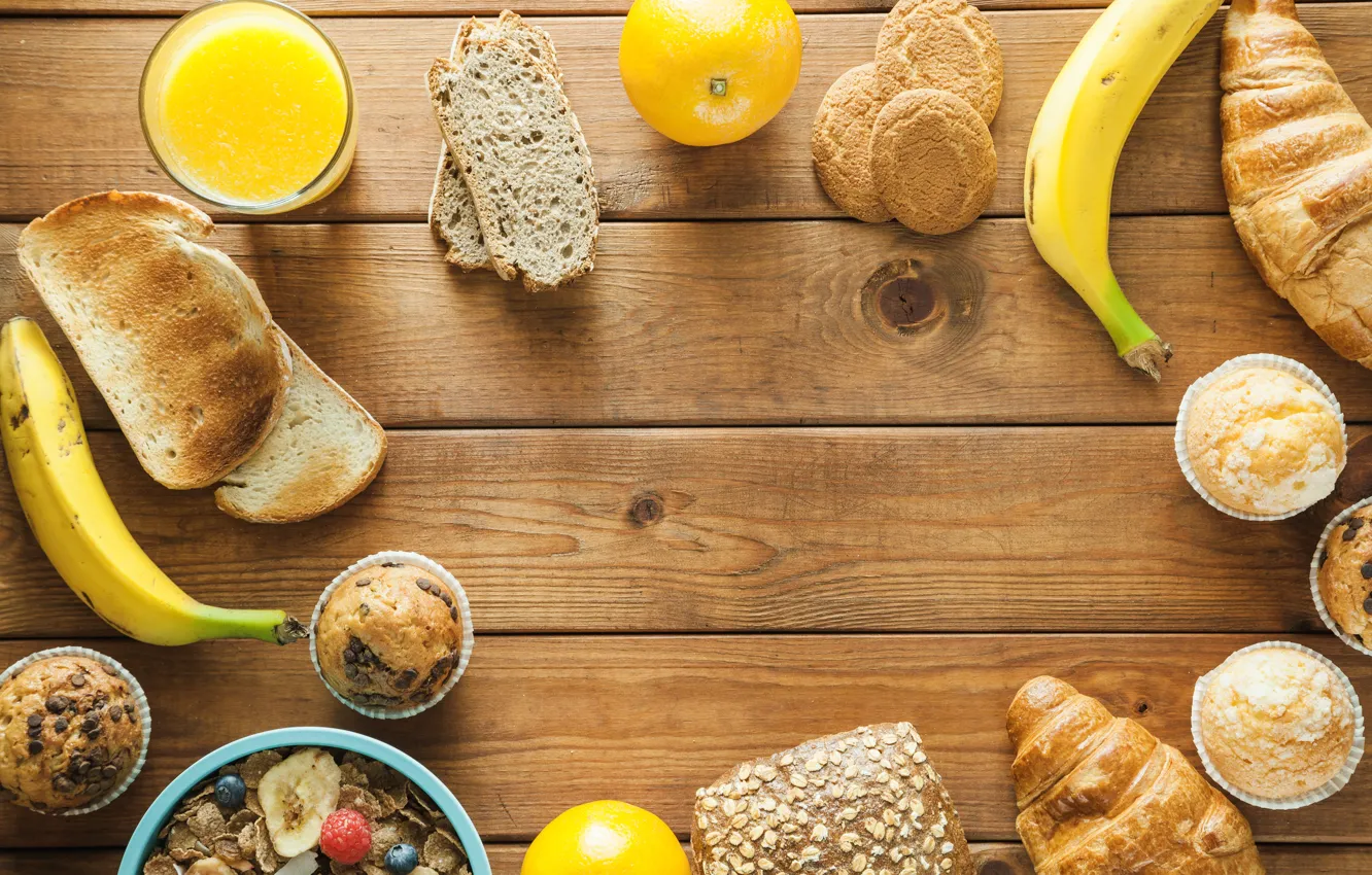 Photo wallpaper Breakfast, cookies, juice, bread, bananas, fruit, cupcakes, muesli