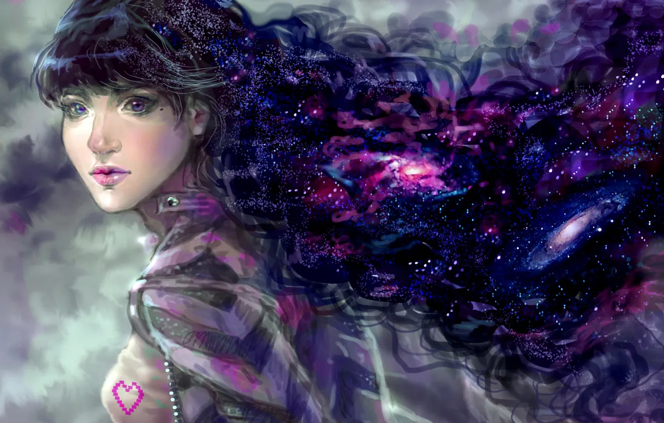 Photo wallpaper look, girl, stars, the universe, hair, art, painting, curls