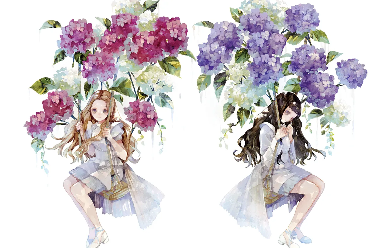 Photo wallpaper flowers, girls, swing, anime, art, painting
