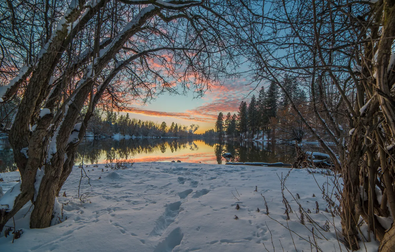 Photo wallpaper the sky, water, clouds, snow, trees, lake, Winter