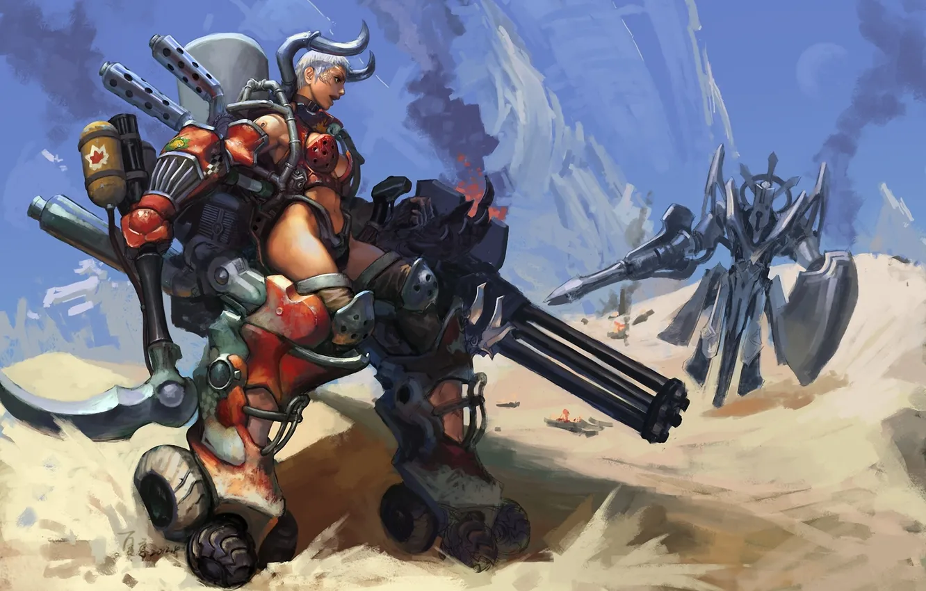Photo wallpaper sand, girl, weapons, desert, robot, art, fur, Xiaji