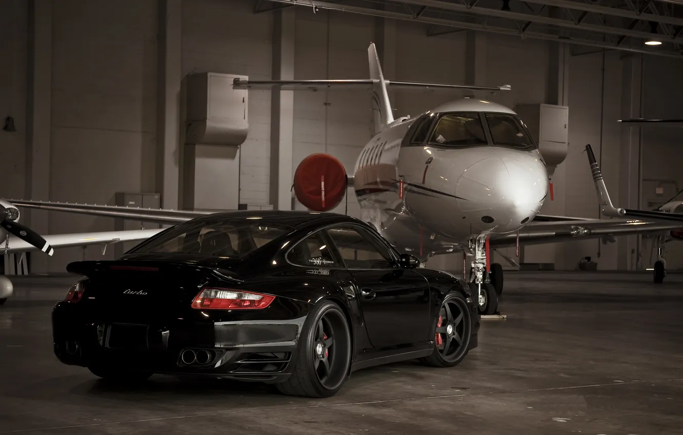 Photo wallpaper black, 997, Porsche, hangar, Porsche, black, Turbo, the rear part