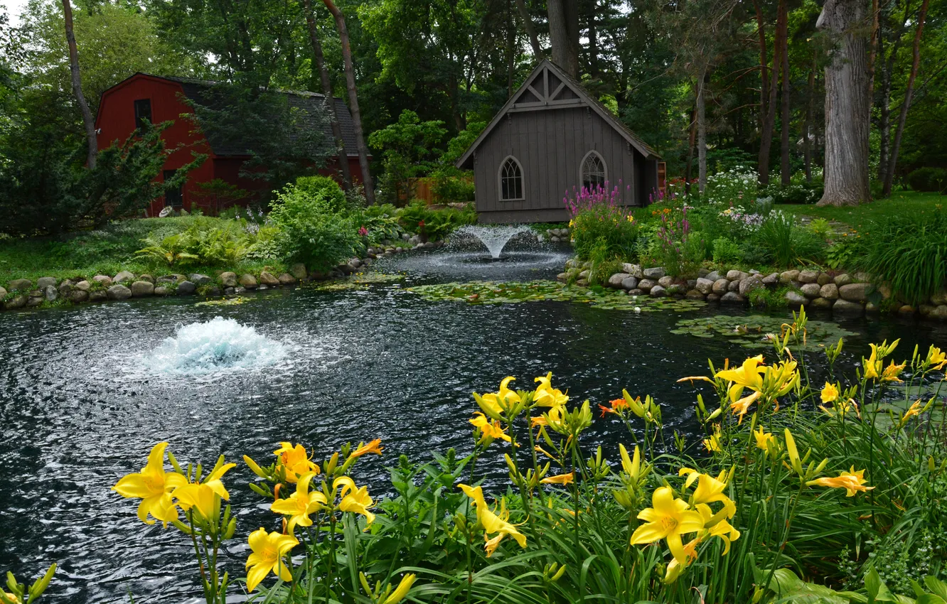 Photo wallpaper trees, flowers, yellow, pond, Park, stones, Lily, fountain