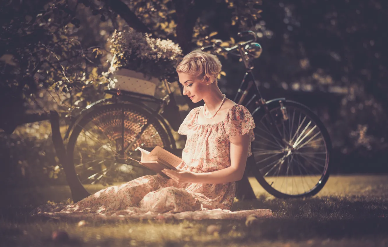 Photo wallpaper grass, leaves, girl, trees, flowers, nature, bike, style