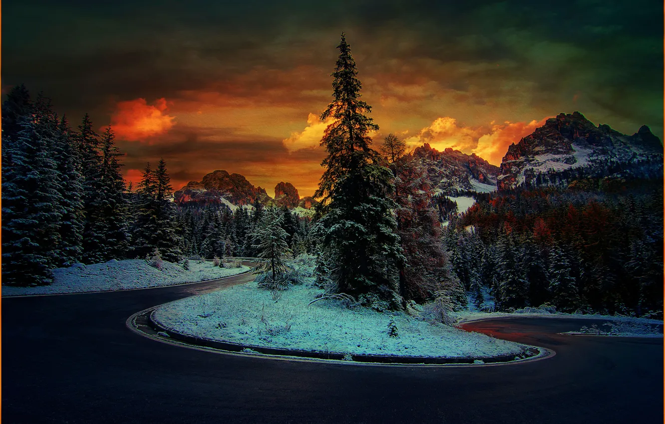 Photo wallpaper road, snow, trees, mountains