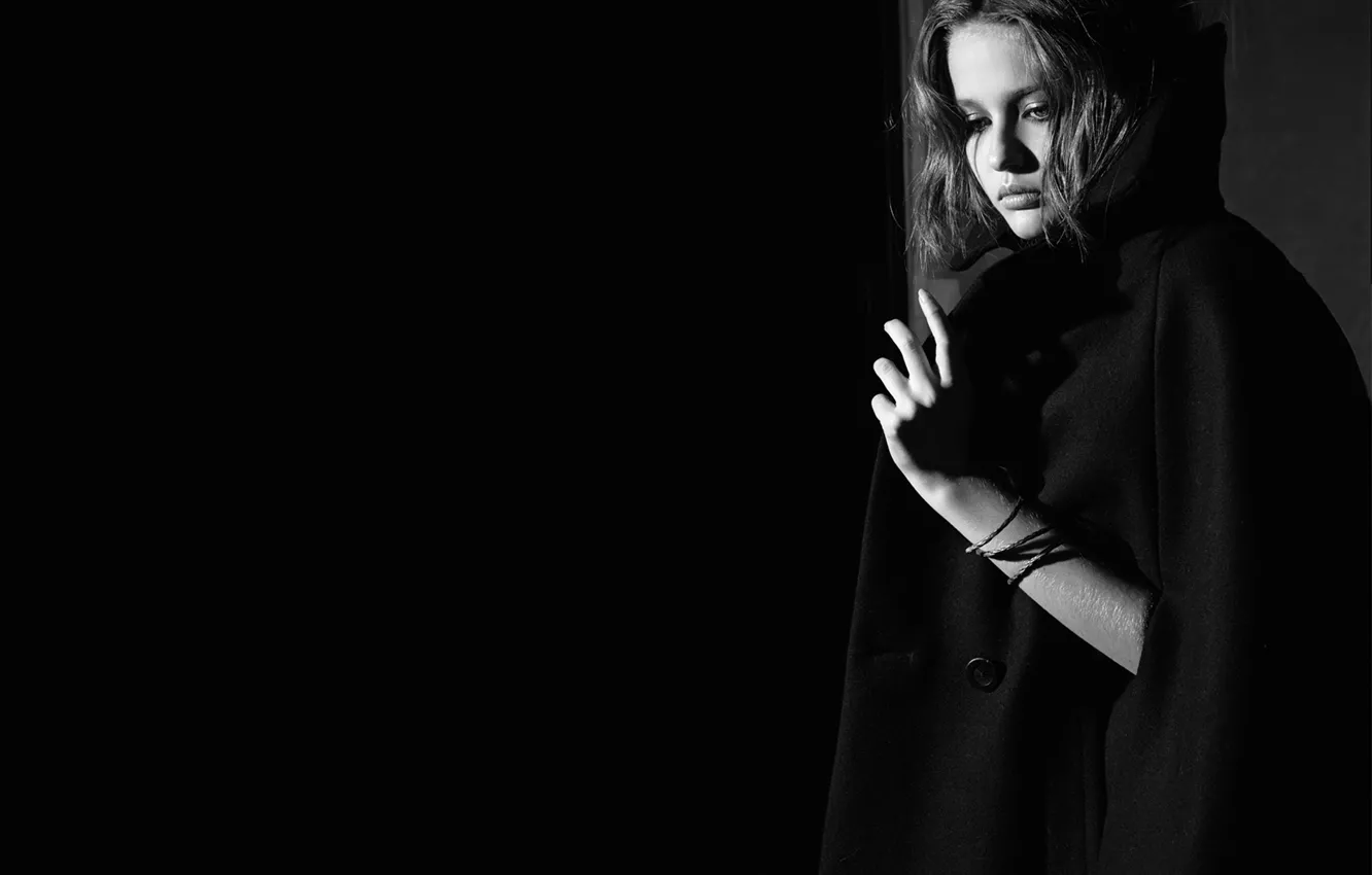 Photo wallpaper girl, mood, sweetheart, model, hair, black and white, beautiful, coat