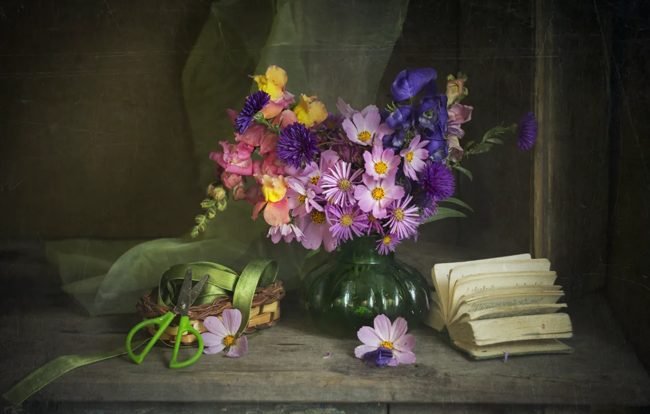 Photo wallpaper flowers, bouquet, tape, fabric, book, basket, scissors, vase