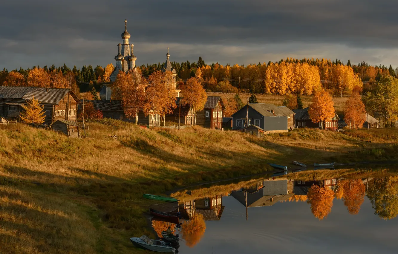 Photo wallpaper autumn, landscape, nature, lake, reflection, boat, home, village