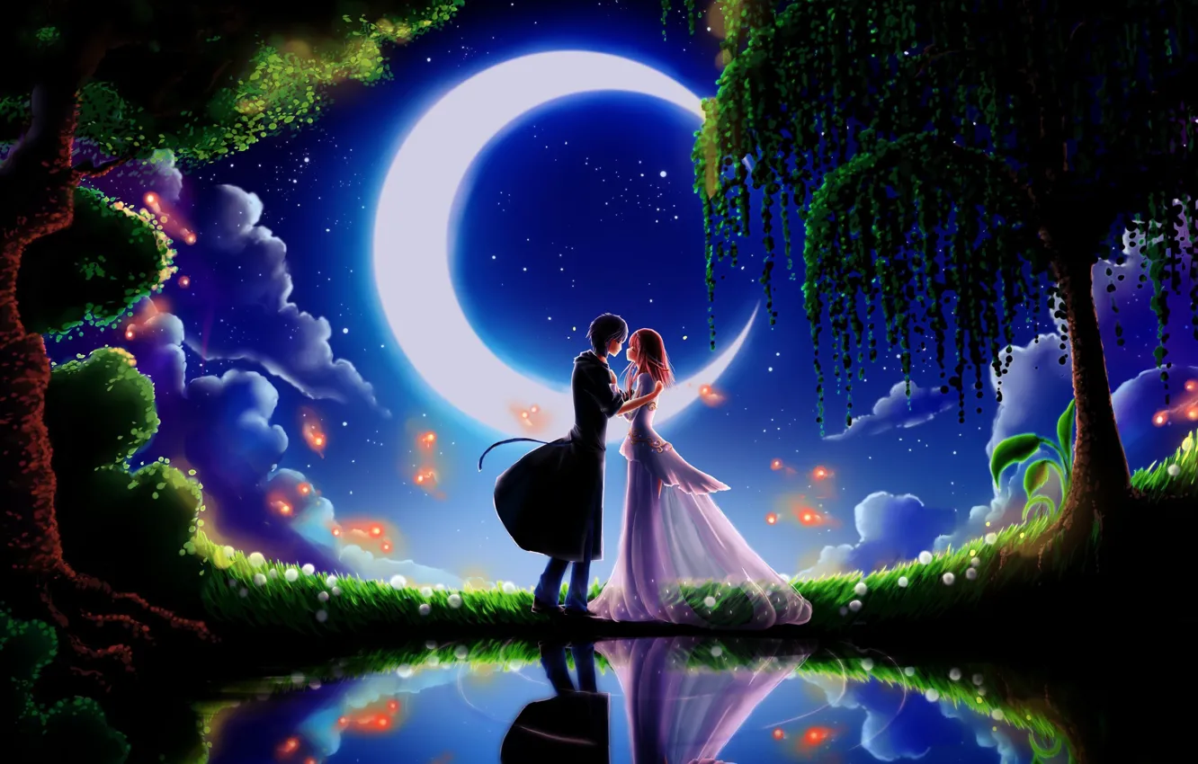 Photo wallpaper the sky, dream, girl, stars, trees, night, green grass, meeting, a month, Prince, guy, lovers, …