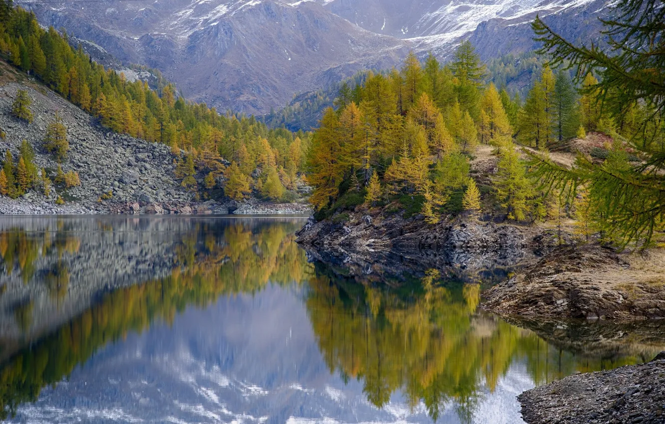 Photo wallpaper autumn, mountains, lake, reflection