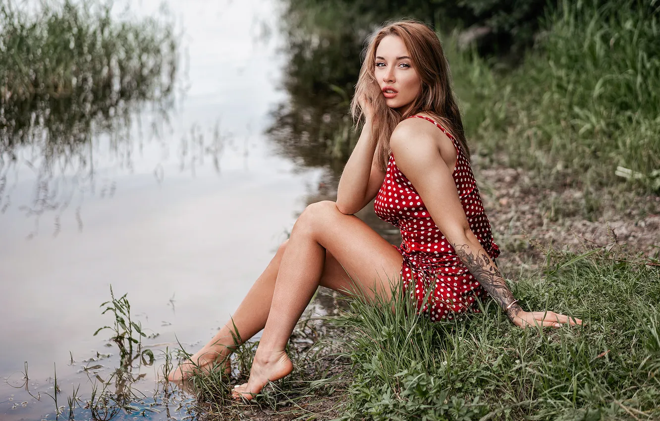 Photo wallpaper nature, lake, barefoot, dress, tattoo, tattoo, legs, long hair