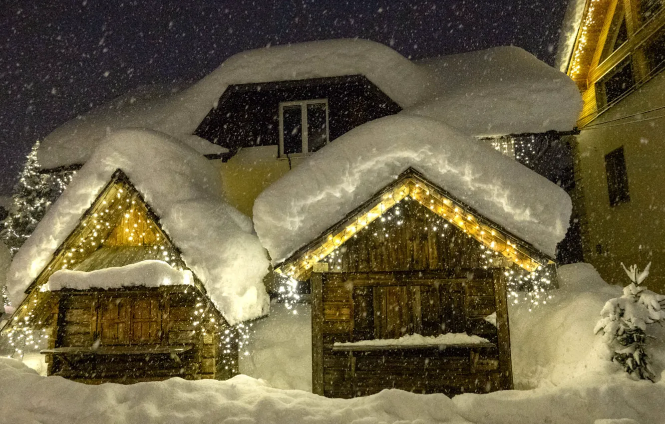 Photo wallpaper snowfall, Winter evening, snowfall, Snow-covered House, Snow-Covered House, Winter Evening
