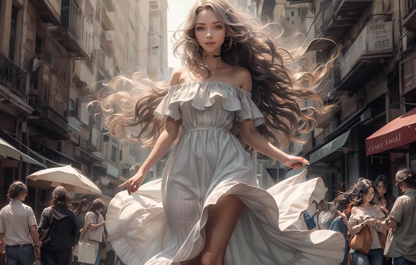 Photo wallpaper smile, the crowd, people, positive, white dress, long hair, beautiful girl, vanity