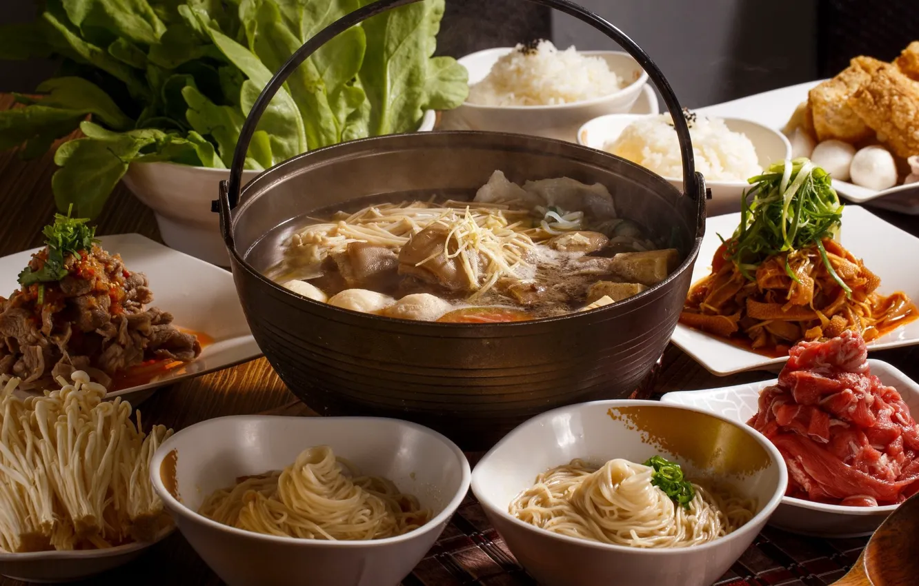 Photo wallpaper mushrooms, soup, meat, noodles