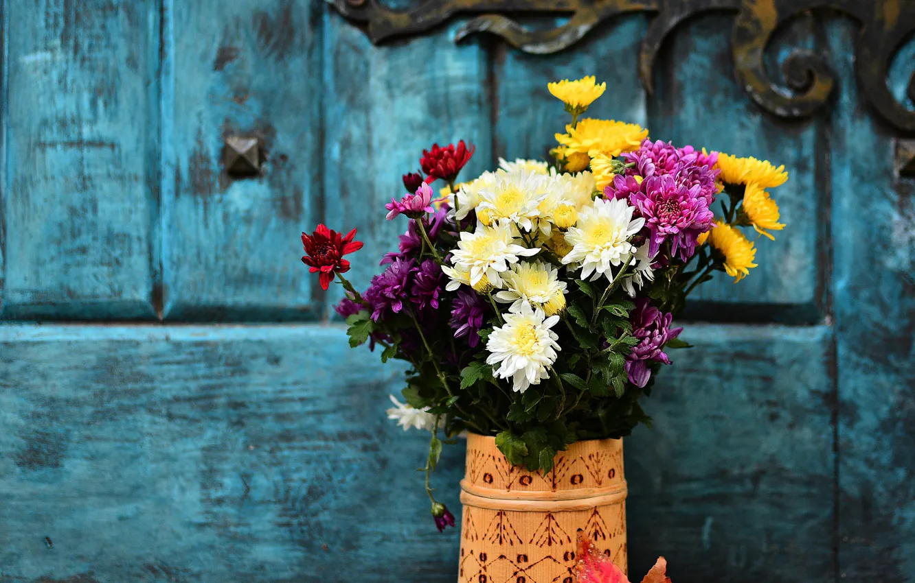 Photo wallpaper flowers, bouquet, colorful, chrysanthemum, thesky