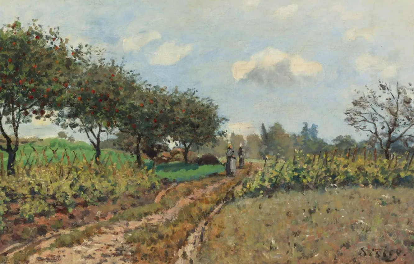 Photo wallpaper trees, landscape, picture, Alfred Sisley, Alfred Sisley, The road at Campagne