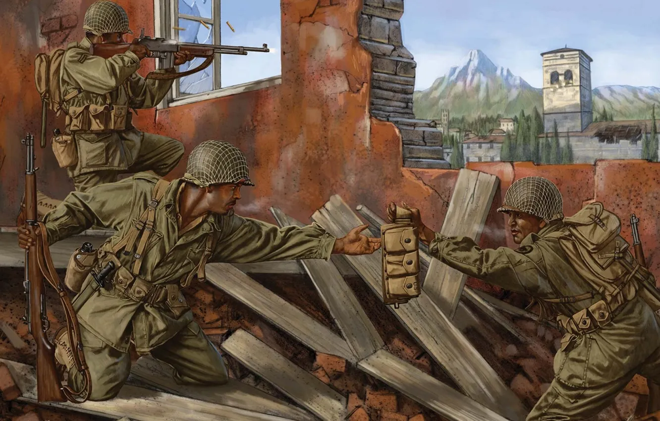 Photo wallpaper the city, war, figure, battle, art, soldiers, the ruins, automatic