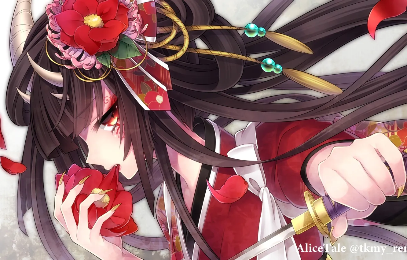 Photo wallpaper girl, flowers, weapons, anime, art, claws, horns, takamiya ren