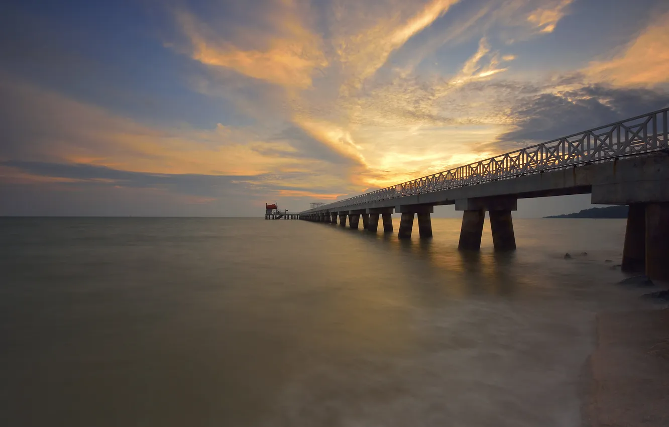 Photo wallpaper sea, the sky, clouds, sunset, shore, pierce, support