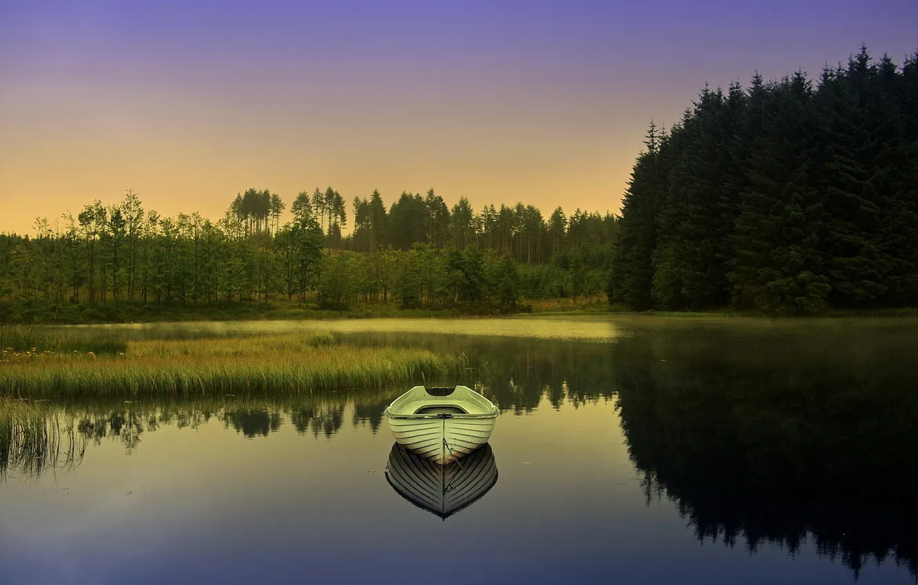 Photo wallpaper landscape, lake, boat