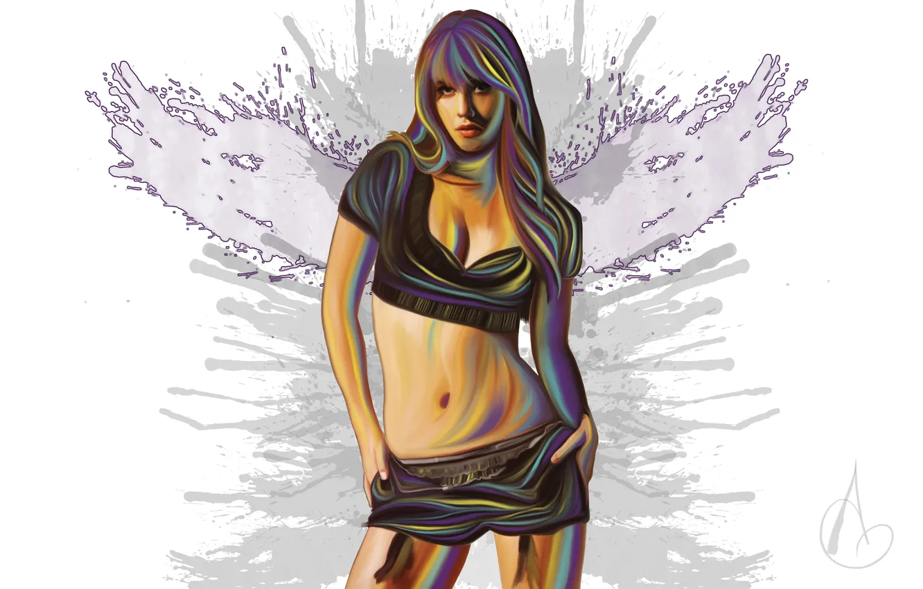 Photo wallpaper look, girl, pose, background, paint, hair, hands, art