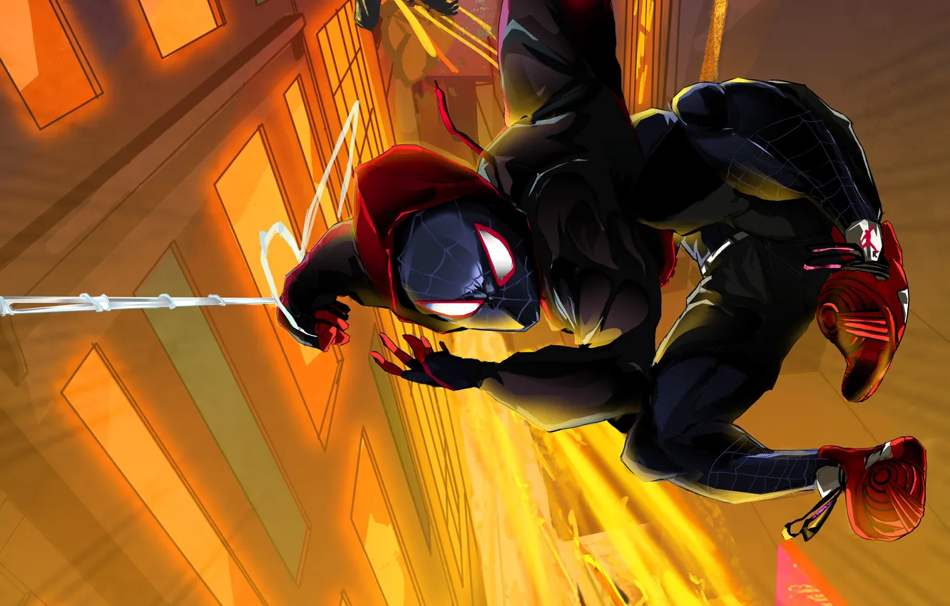 Photo wallpaper flight, fiction, cartoon, web, art, costume, Spider-Man, Spider-man: universes