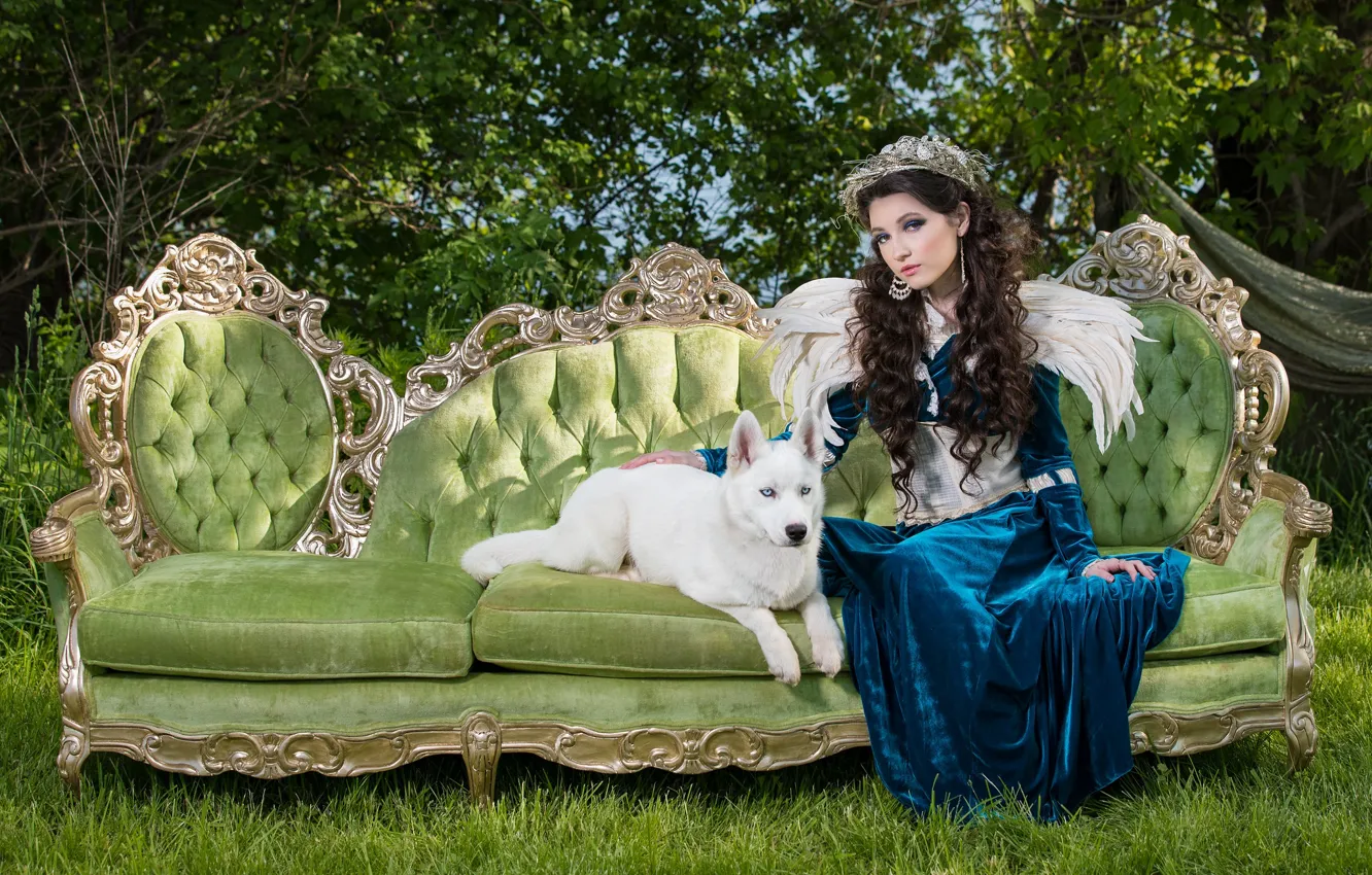 Photo wallpaper white, summer, grass, girl, blue, nature, green, style