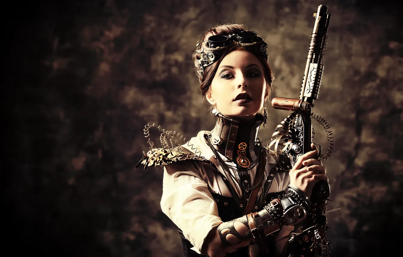 Photo wallpaper girl, style, weapons, wire, glasses, steampunk