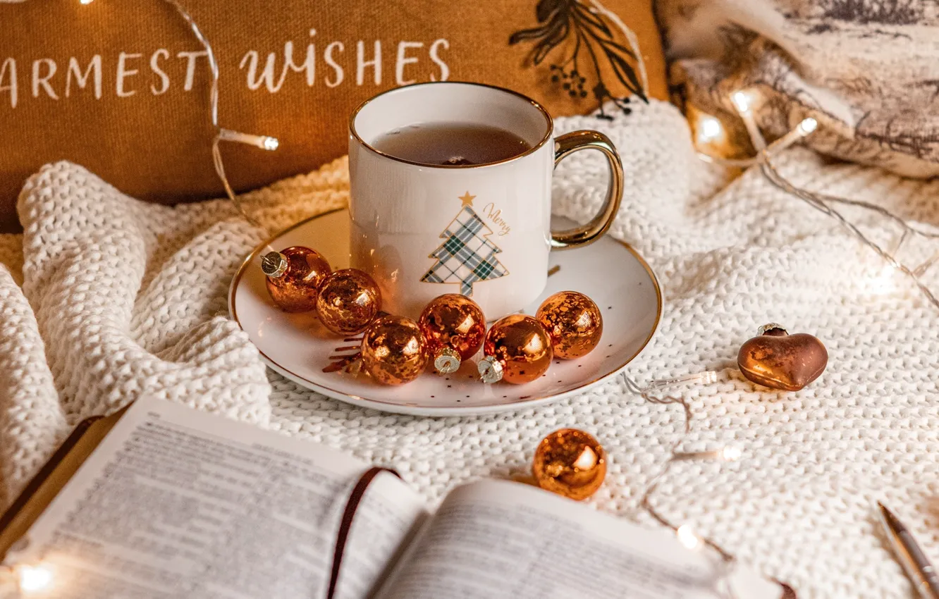 Photo wallpaper background, Wallpaper, tea, plate, mug, drink, picture, Christmas decorations