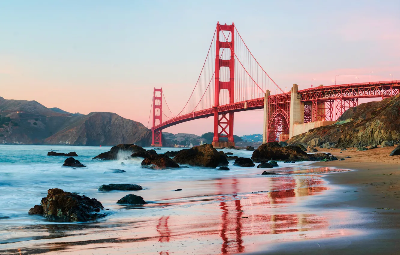 Photo wallpaper beach, water, the city, shore, morning, CA, San Francisco, USA