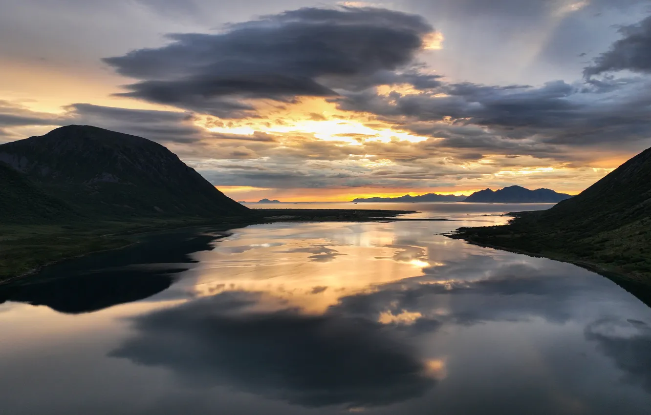 Photo wallpaper the sky, clouds, light, sunset, mountains, clouds, lake, reflection