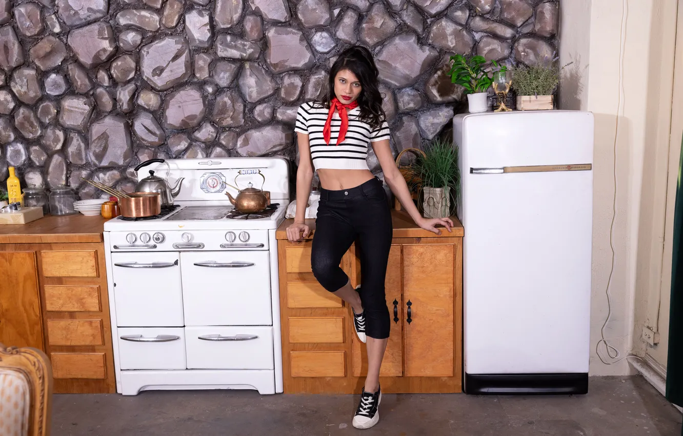 Photo wallpaper long hair, model, red lips, gorgeous, posing, Raven Haired Beauty, kitchen, beautiful face