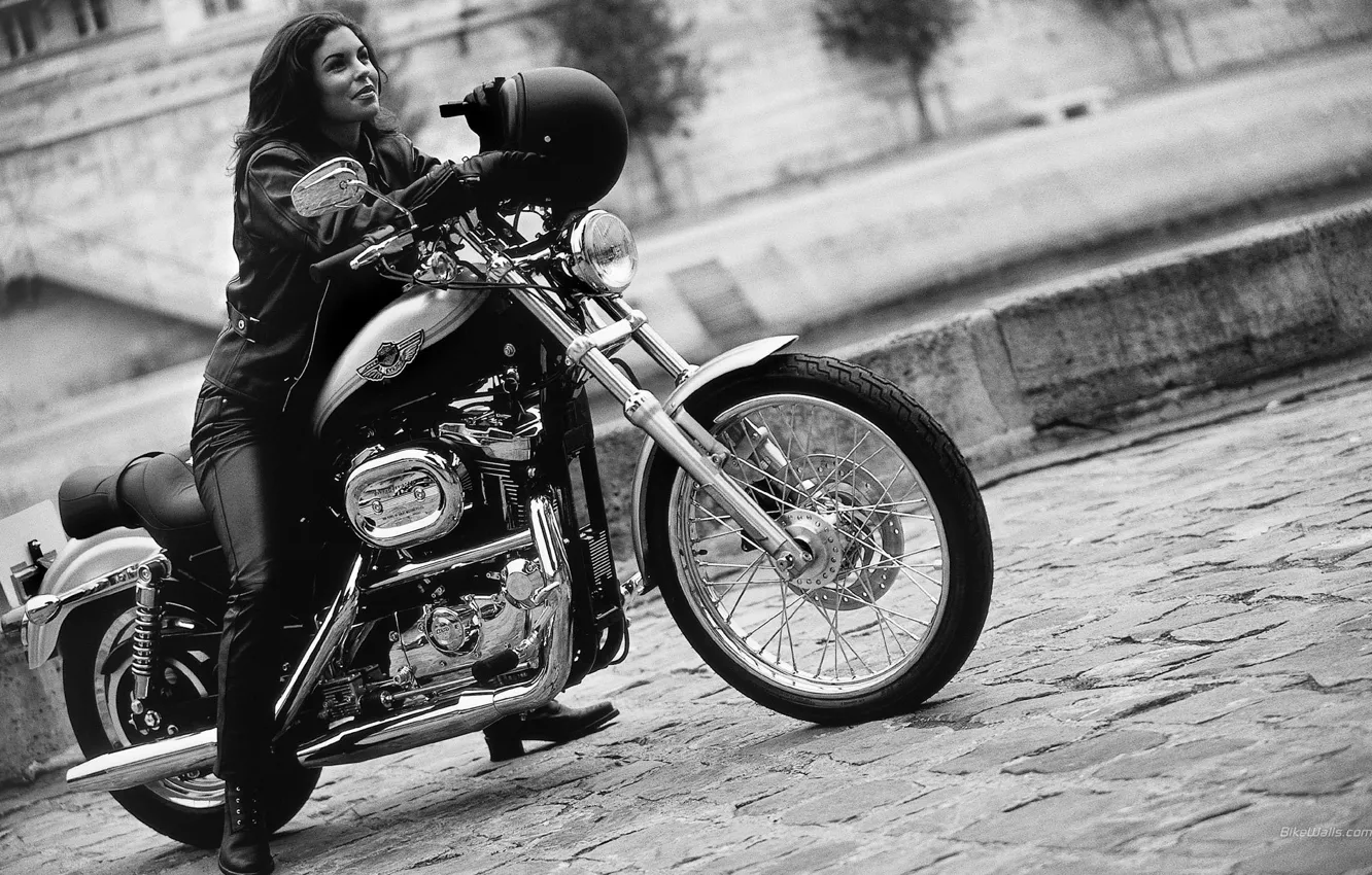 Photo wallpaper girl, motorcycle, helmet, bike, Harley Davidson