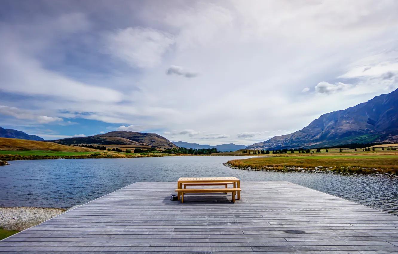 Photo wallpaper mountains, pond, table, New Zealand, pierce, New Zealand, mountains, Queenstown