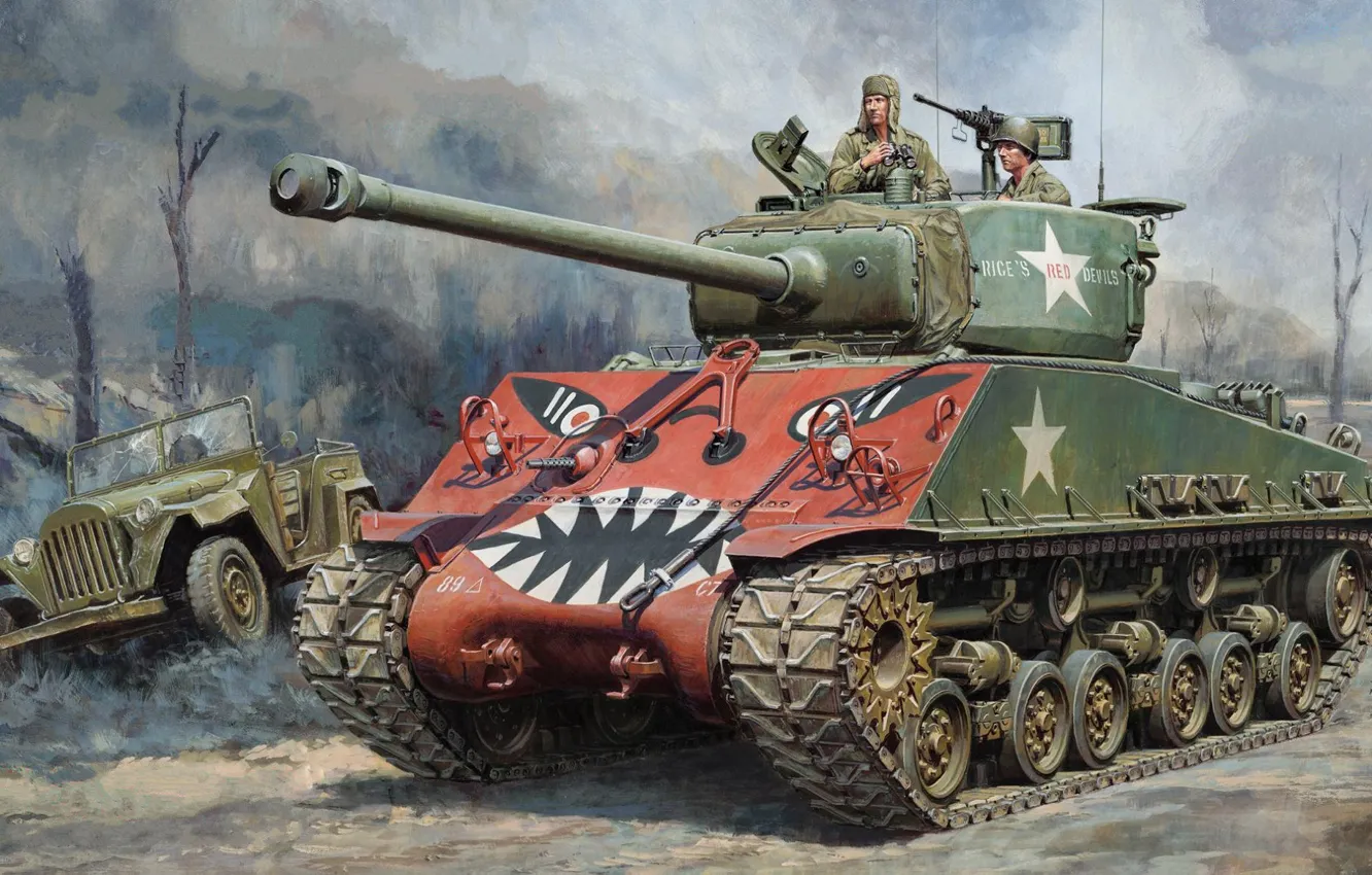 Photo wallpaper art, Medium tank, Sherman, The Korean war, M4A3E8, The GAZ-67