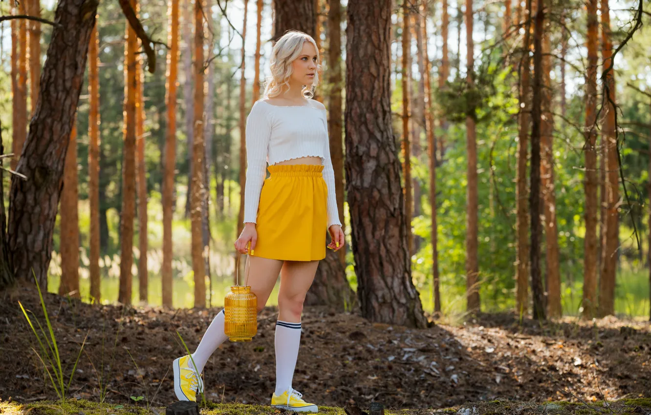 Photo wallpaper lantern, Stunning beauty, White socks, Outside, Blonde girl, gold skirt, bewitching beauty, Nikki Hill