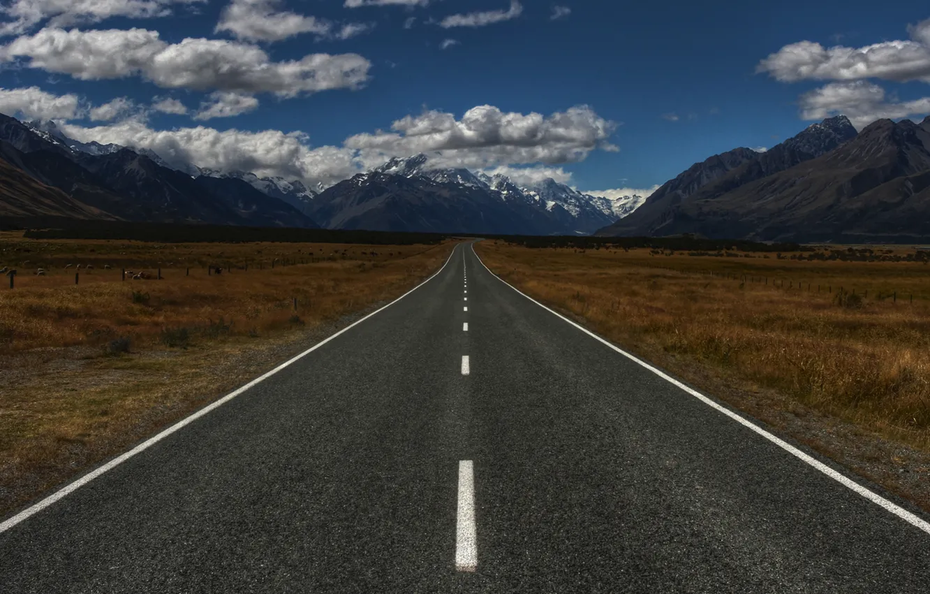 Photo wallpaper road, clouds, New Zealand, Mount Cook, Birch Hill, Canterbury